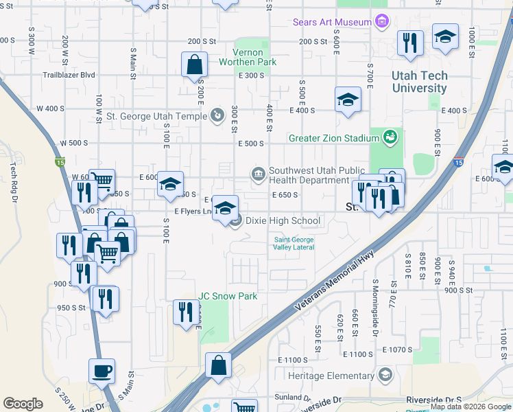 map of restaurants, bars, coffee shops, grocery stores, and more near 355 East 700 South in Saint George
