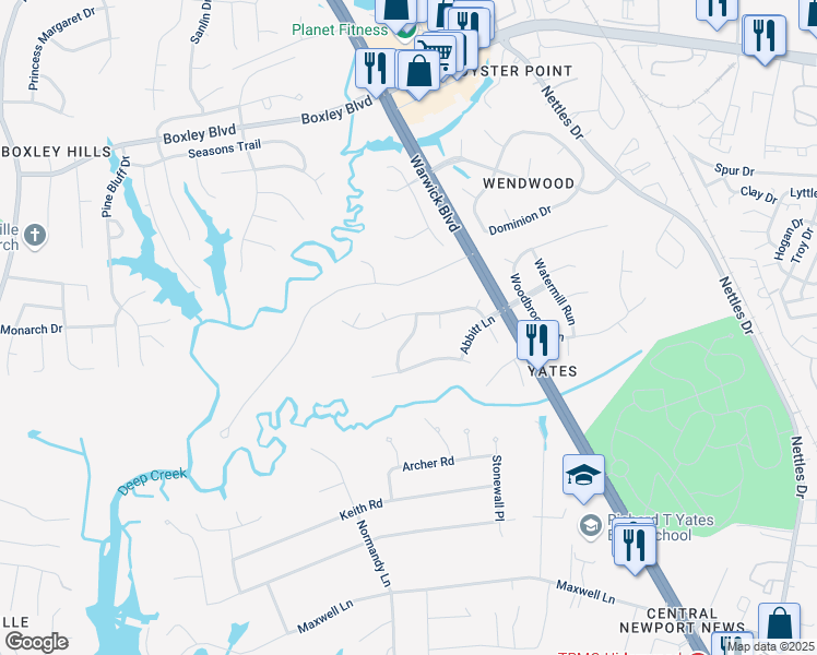 map of restaurants, bars, coffee shops, grocery stores, and more near 208 Chelmsford Way in Newport News