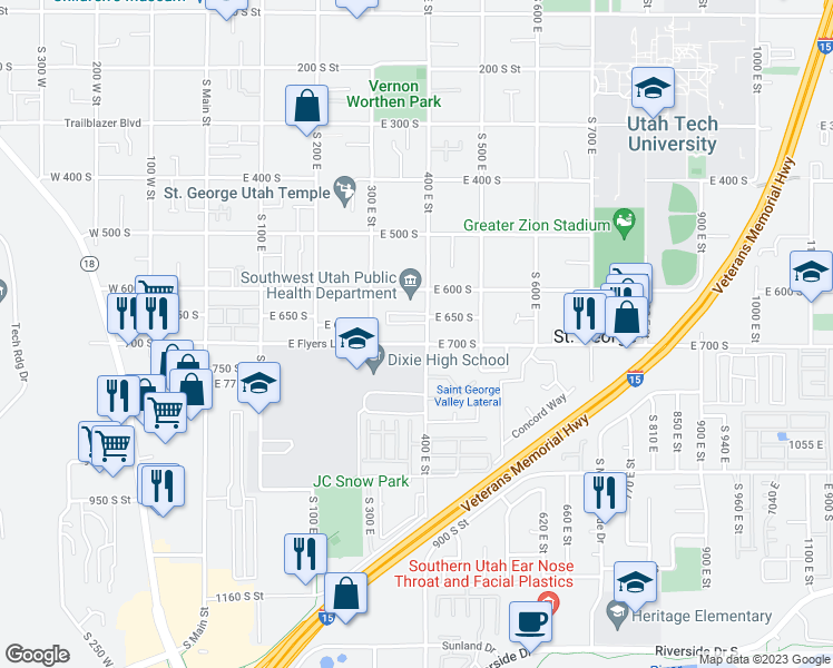 map of restaurants, bars, coffee shops, grocery stores, and more near 395 East 700 South in Saint George