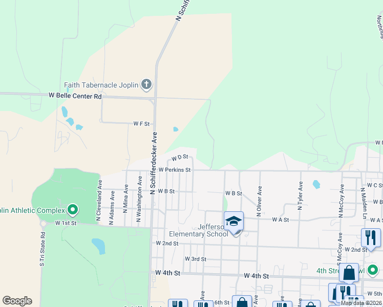 map of restaurants, bars, coffee shops, grocery stores, and more near 419 N Walnut Ave in Joplin