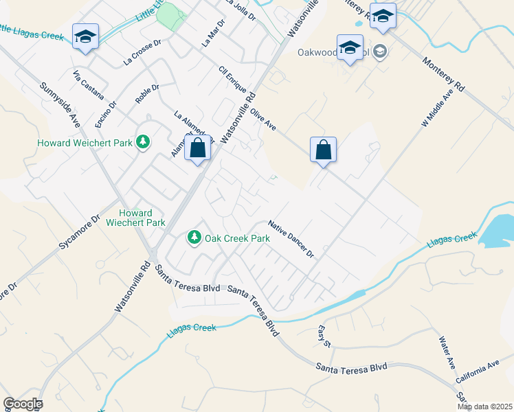map of restaurants, bars, coffee shops, grocery stores, and more near 735 Mendocino Way in Morgan Hill