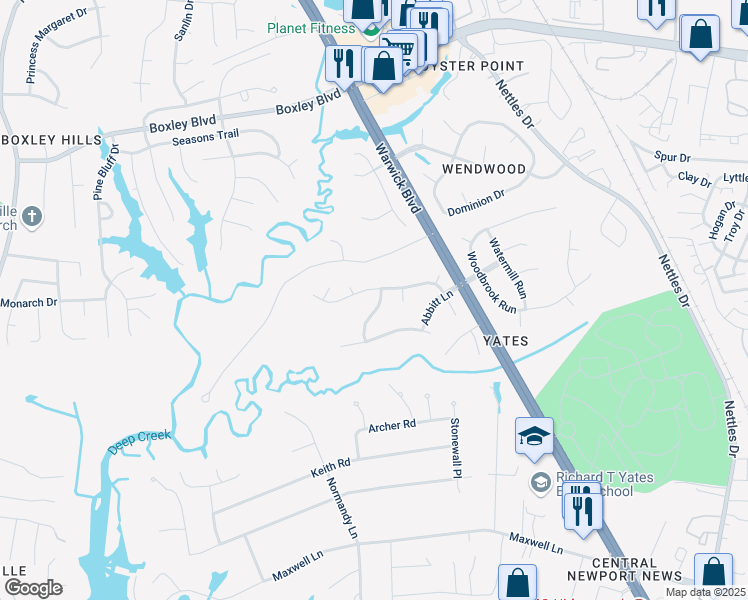 map of restaurants, bars, coffee shops, grocery stores, and more near 208 Chelmsford Way in Newport News