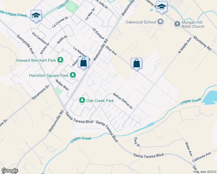 map of restaurants, bars, coffee shops, grocery stores, and more near 735 Mendocino Way in Morgan Hill