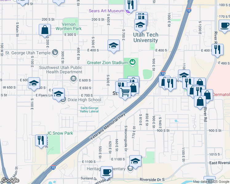 map of restaurants, bars, coffee shops, grocery stores, and more near 639 East 700 South in Saint George