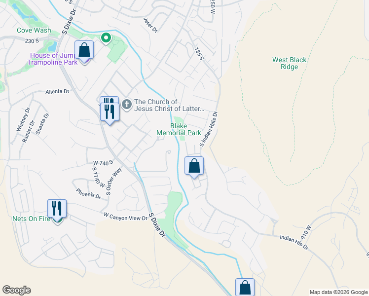 map of restaurants, bars, coffee shops, grocery stores, and more near 710 South Indian Hills Drive in St. George