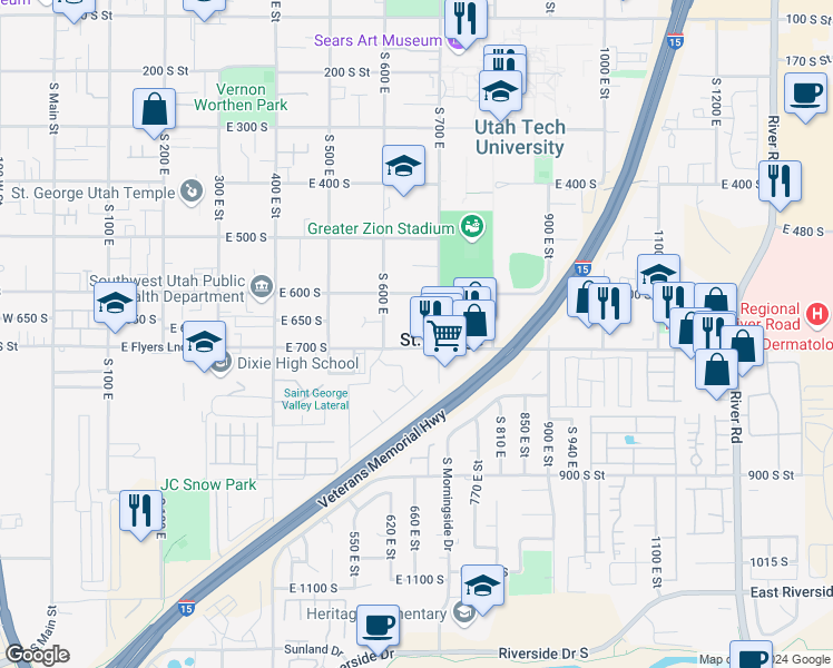 map of restaurants, bars, coffee shops, grocery stores, and more near 655 East 700 South in St. George