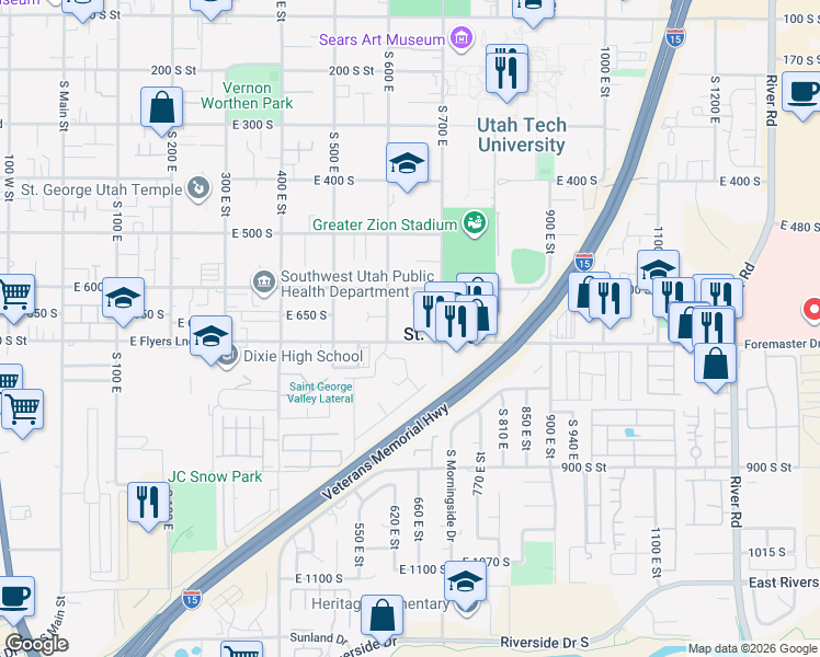 map of restaurants, bars, coffee shops, grocery stores, and more near 655 East 700 South in St. George