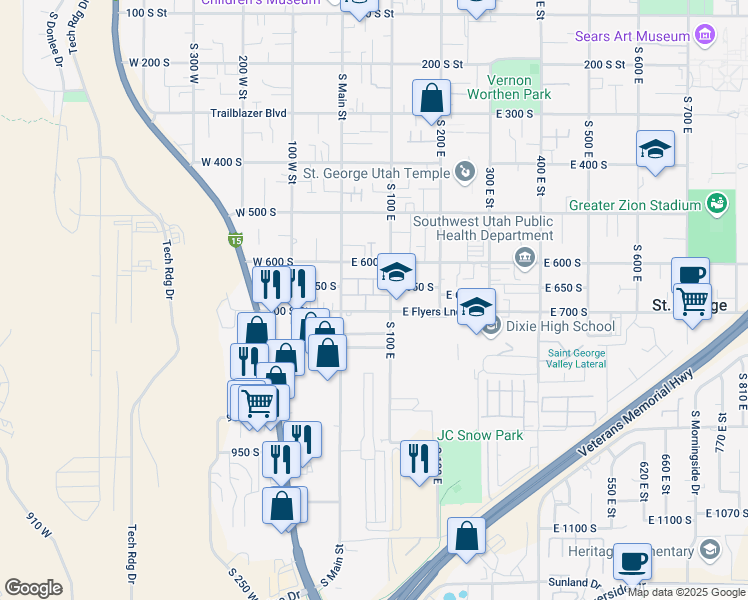 map of restaurants, bars, coffee shops, grocery stores, and more near 21 South 100 East in St. George