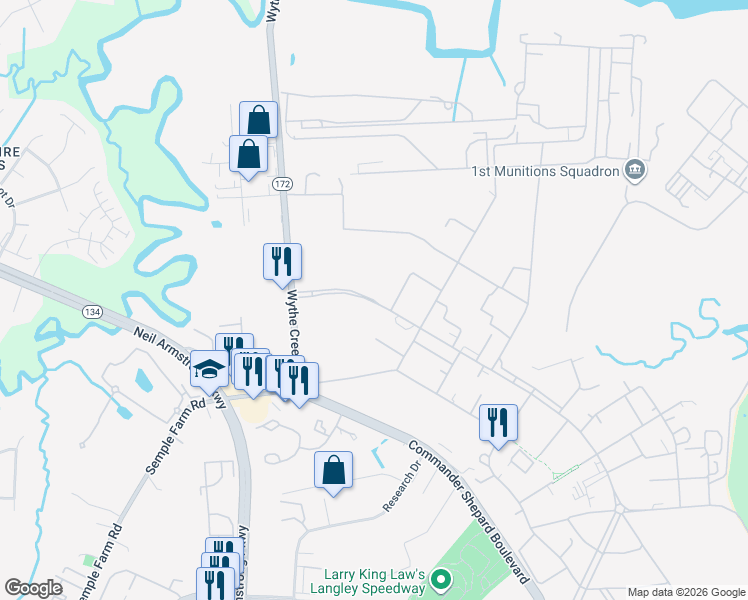 map of restaurants, bars, coffee shops, grocery stores, and more near Langley Blvd in Hampton