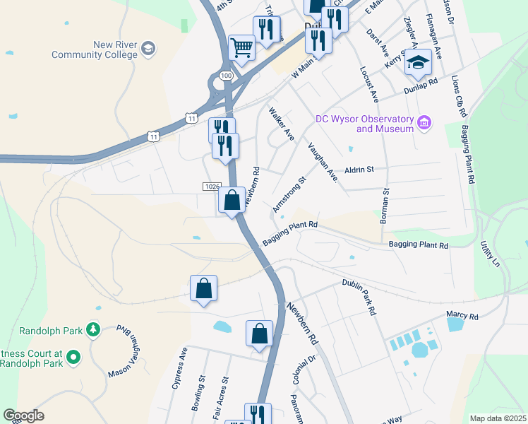 map of restaurants, bars, coffee shops, grocery stores, and more near 375 Newbern Road in Dublin