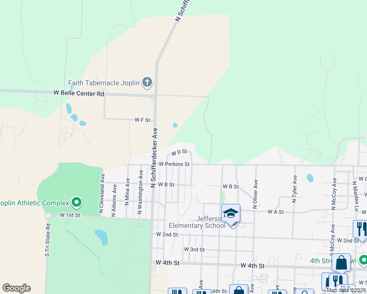 map of restaurants, bars, coffee shops, grocery stores, and more near 2701 West D Street in Joplin