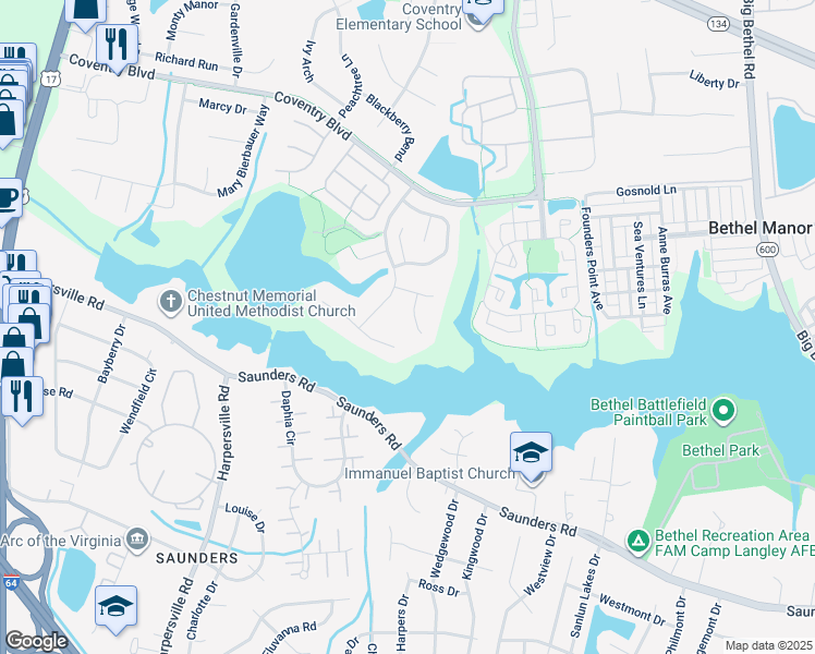 map of restaurants, bars, coffee shops, grocery stores, and more near 108 Brantley Court in Yorktown