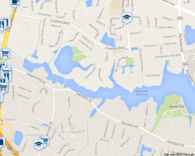 map of restaurants, bars, coffee shops, grocery stores, and more near 108 Brantley Court in Yorktown