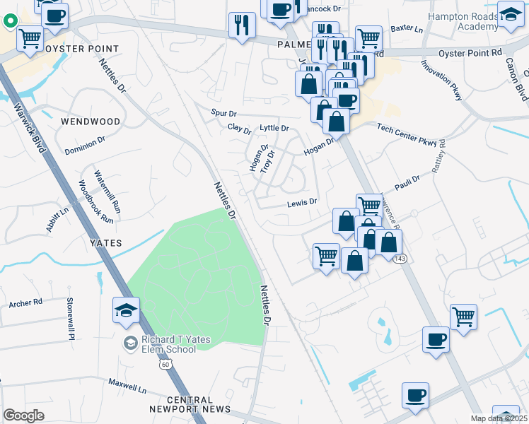 map of restaurants, bars, coffee shops, grocery stores, and more near 78 Lewis Drive in Newport News