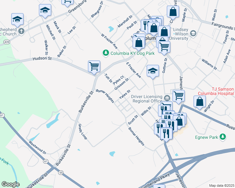 map of restaurants, bars, coffee shops, grocery stores, and more near 204 Tutt Street in Columbia