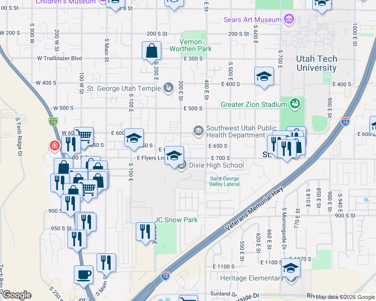 map of restaurants, bars, coffee shops, grocery stores, and more near 295 East 700 South in St. George