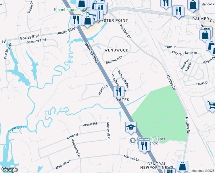 map of restaurants, bars, coffee shops, grocery stores, and more near 138 Meredith Way in Newport News
