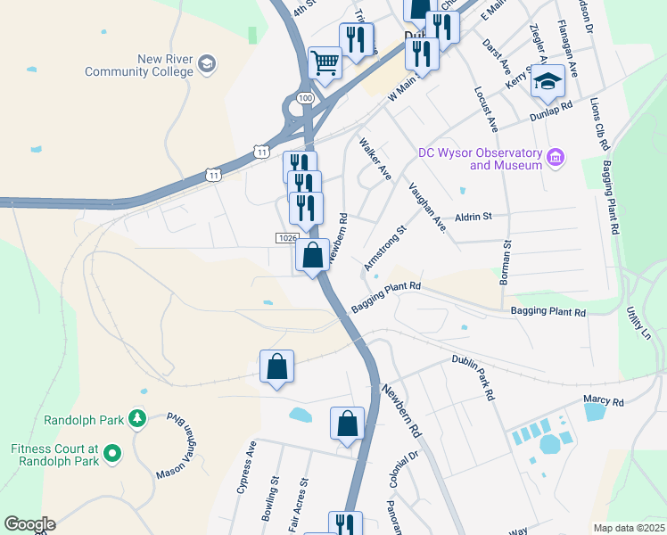 map of restaurants, bars, coffee shops, grocery stores, and more near 375 Newbern Road in Dublin