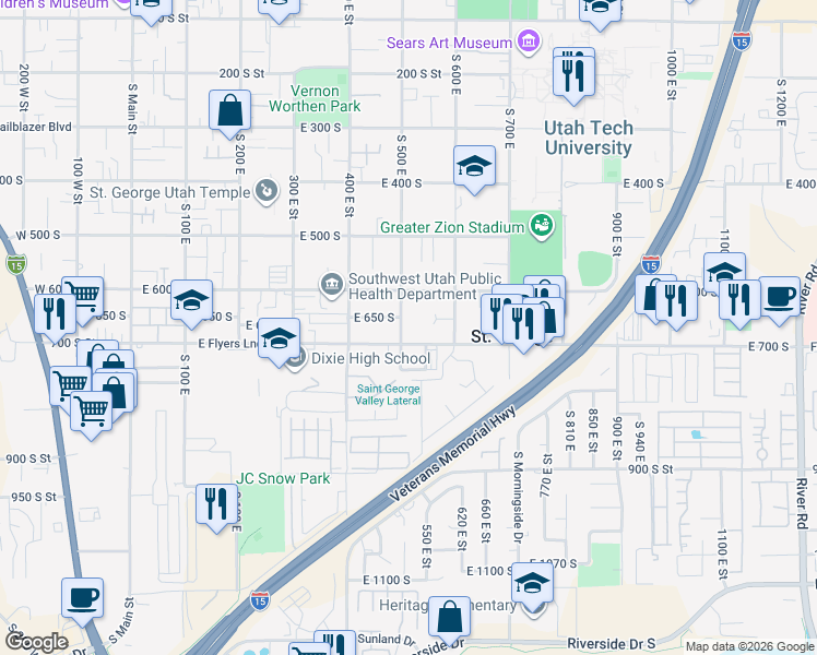 map of restaurants, bars, coffee shops, grocery stores, and more near 665 South 500 East in St. George