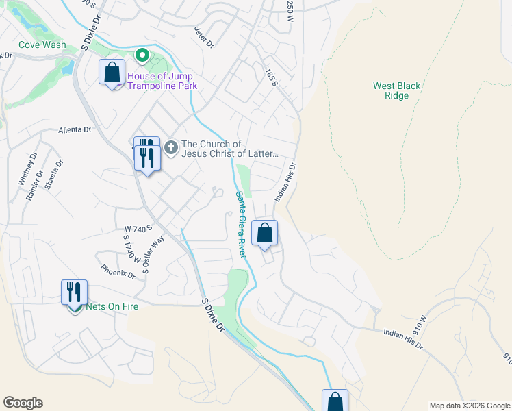map of restaurants, bars, coffee shops, grocery stores, and more near 710 South Indian Hills Drive in St. George