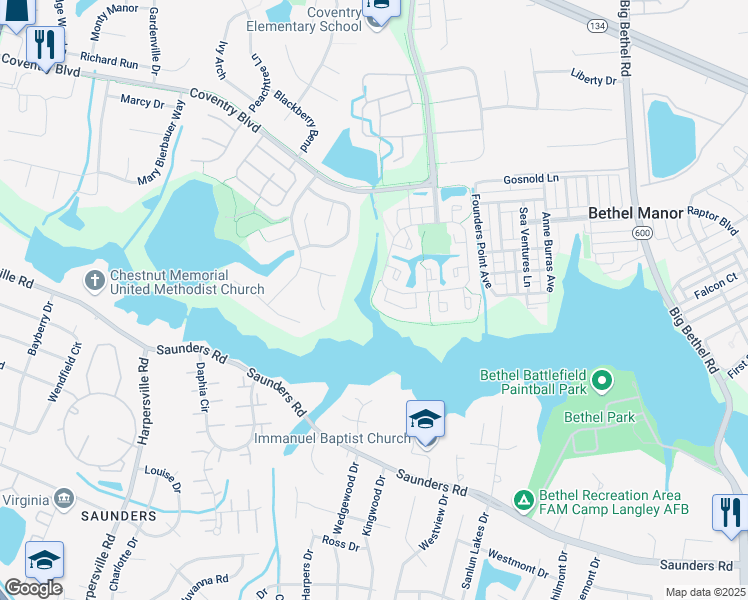 map of restaurants, bars, coffee shops, grocery stores, and more near 807 Hamlet Court in Yorktown
