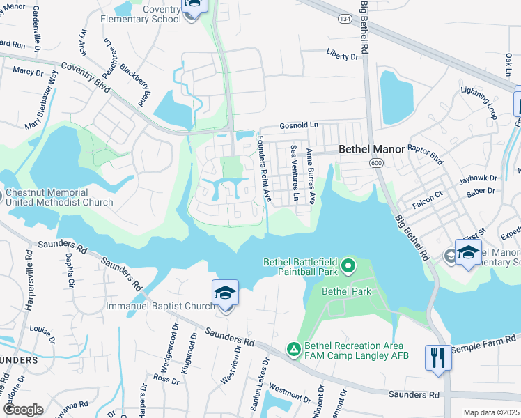 map of restaurants, bars, coffee shops, grocery stores, and more near 406 Crescent Court in Yorktown