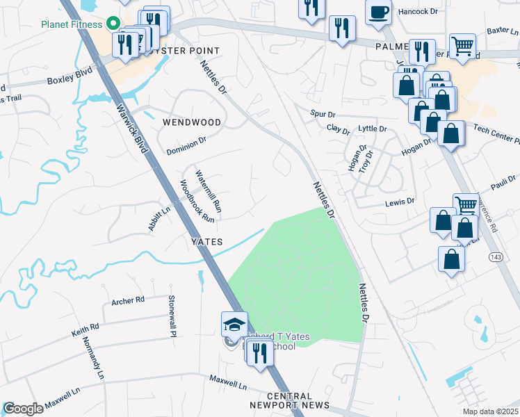map of restaurants, bars, coffee shops, grocery stores, and more near 403 Eastwind Cove in Newport News