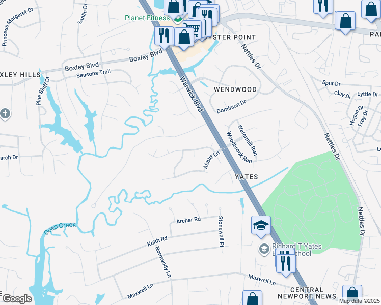 map of restaurants, bars, coffee shops, grocery stores, and more near 113 Meredith Way in Newport News