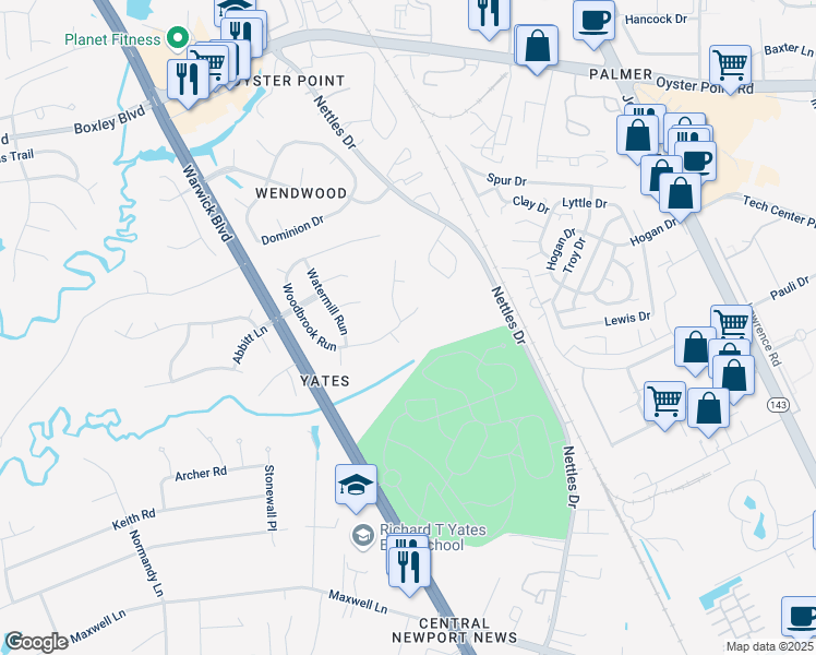 map of restaurants, bars, coffee shops, grocery stores, and more near 403 Eastwind Cove in Newport News