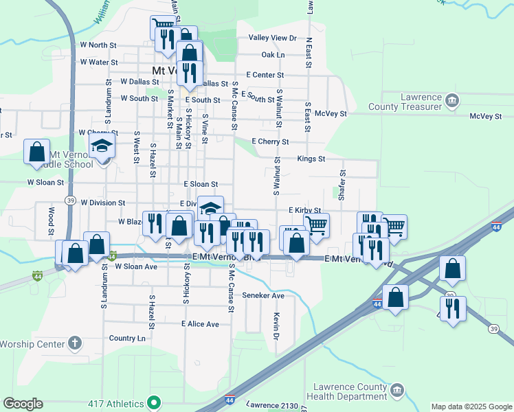 map of restaurants, bars, coffee shops, grocery stores, and more near 551 E Kirby St in Mt Vernon