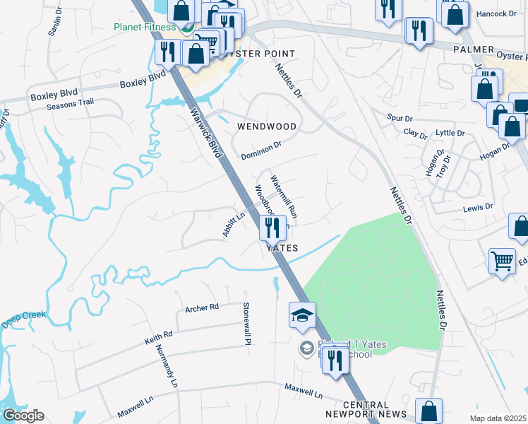 map of restaurants, bars, coffee shops, grocery stores, and more near 403 Woodbrook Run in Newport News