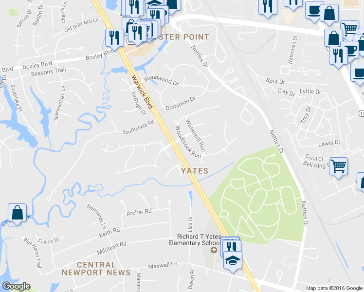 map of restaurants, bars, coffee shops, grocery stores, and more near 403 Woodbrook Run in Newport News