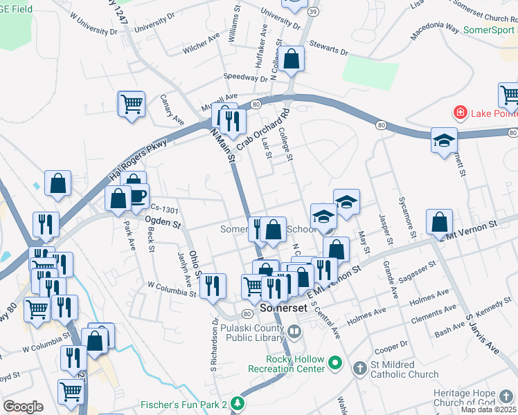 map of restaurants, bars, coffee shops, grocery stores, and more near 300 North Maple Street in Somerset