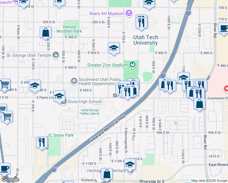 map of restaurants, bars, coffee shops, grocery stores, and more near 655 East 700 South in St. George