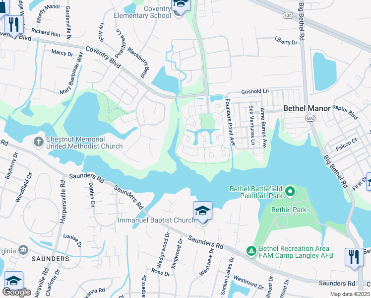 map of restaurants, bars, coffee shops, grocery stores, and more near 304 Hamlet Court in Yorktown