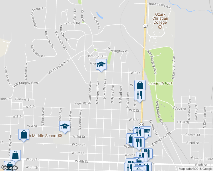 map of restaurants, bars, coffee shops, grocery stores, and more near 539 North Moffet Avenue in Joplin