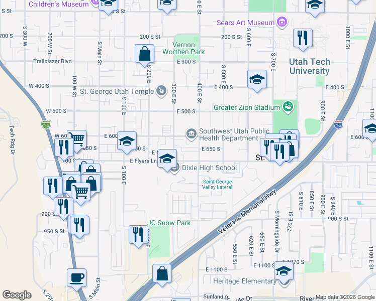 map of restaurants, bars, coffee shops, grocery stores, and more near 660 South 400 East in St. George