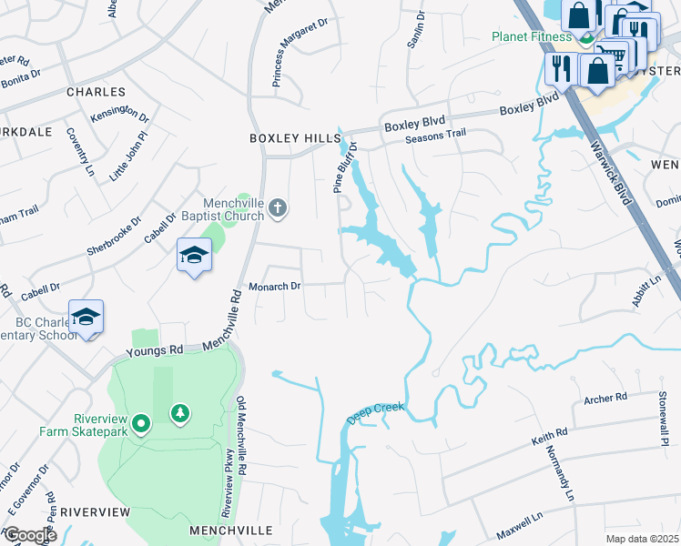 map of restaurants, bars, coffee shops, grocery stores, and more near 213 Woodburne Lane in Newport News