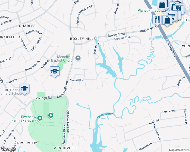 map of restaurants, bars, coffee shops, grocery stores, and more near 213 Woodburne Lane in Newport News