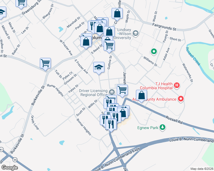 map of restaurants, bars, coffee shops, grocery stores, and more near 300-308 Guthrie Street in Columbia