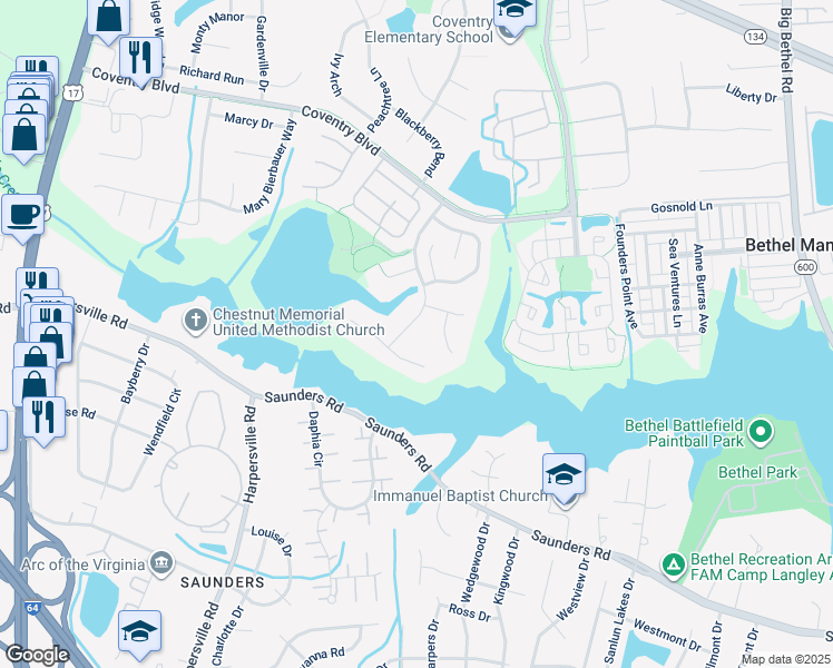 map of restaurants, bars, coffee shops, grocery stores, and more near 407 Honeysuckle Lane in Yorktown