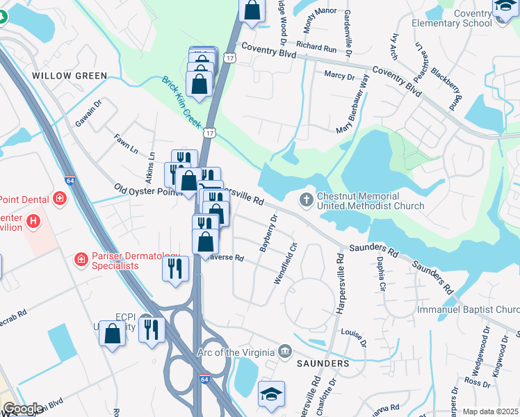 map of restaurants, bars, coffee shops, grocery stores, and more near 13 Wendfield Circle in Newport News