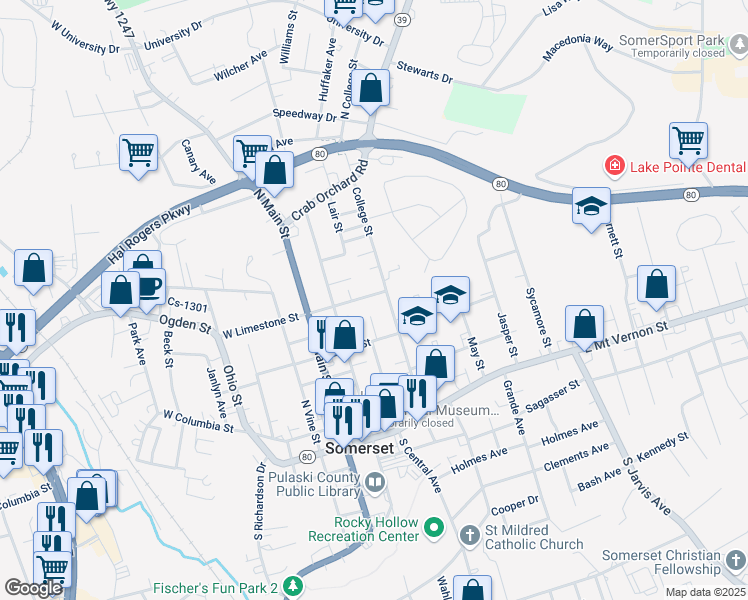 map of restaurants, bars, coffee shops, grocery stores, and more near 300-398 State Highway 2296 in Somerset