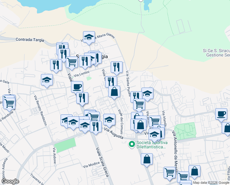 map of restaurants, bars, coffee shops, grocery stores, and more near 14 Viale dei Comuni in Siracusa