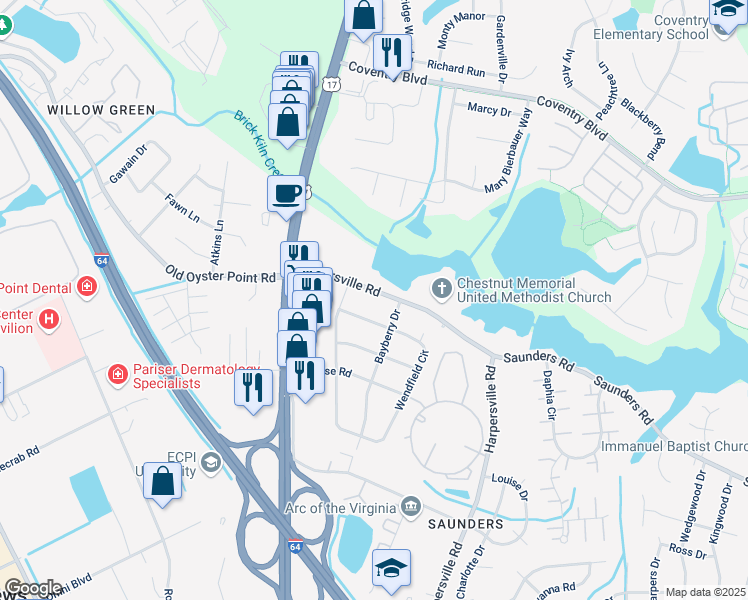 map of restaurants, bars, coffee shops, grocery stores, and more near 13 Wendfield Circle in Newport News