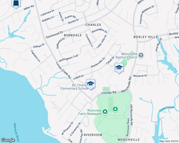 map of restaurants, bars, coffee shops, grocery stores, and more near 227 Cabell Drive in Newport News