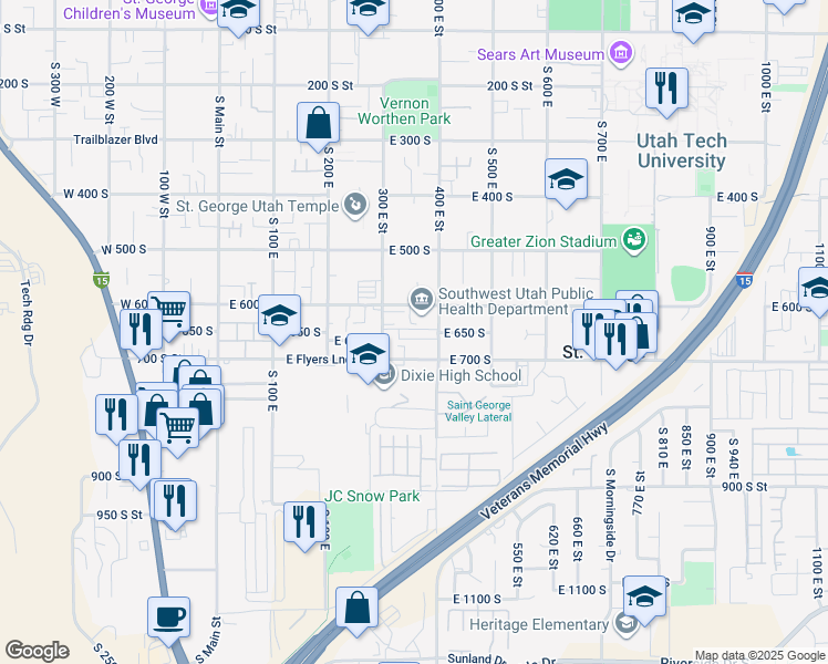 map of restaurants, bars, coffee shops, grocery stores, and more near 660 South 400 East in St. George