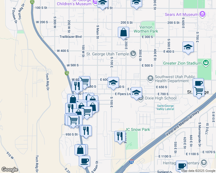 map of restaurants, bars, coffee shops, grocery stores, and more near 55 East 700 South in St. George