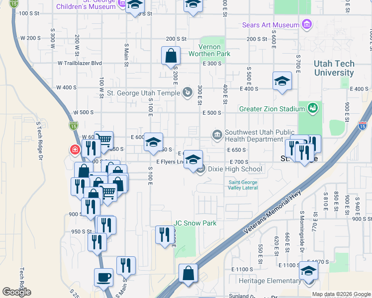 map of restaurants, bars, coffee shops, grocery stores, and more near 225 East 700 South in St. George
