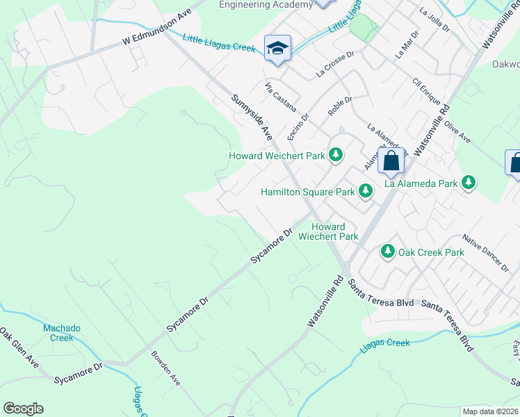 map of restaurants, bars, coffee shops, grocery stores, and more near 15365 Sycamore Drive in Morgan Hill